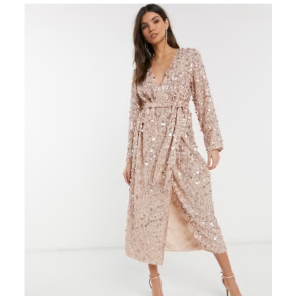 Sequin Wrap Dress in Rose Gold